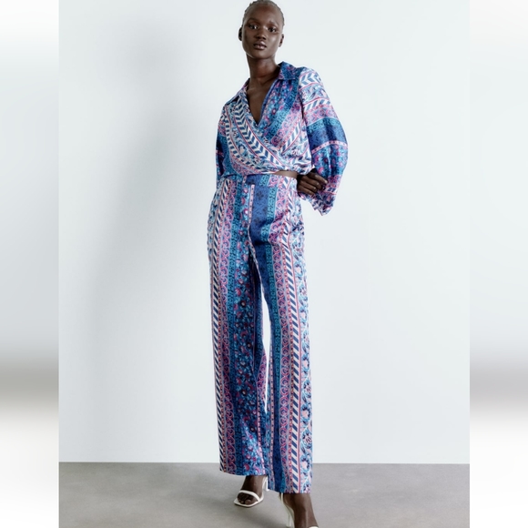 zara printed silk pants